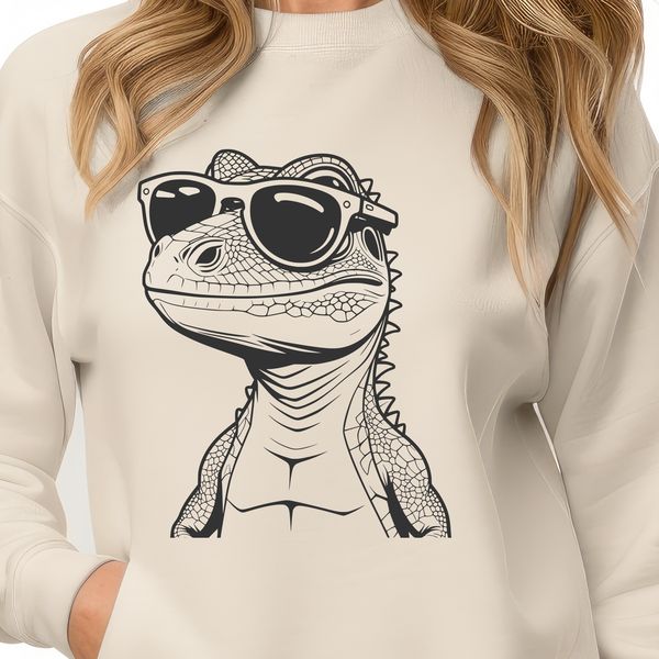 A stylized illustration of a reptile wearing sunglasses.