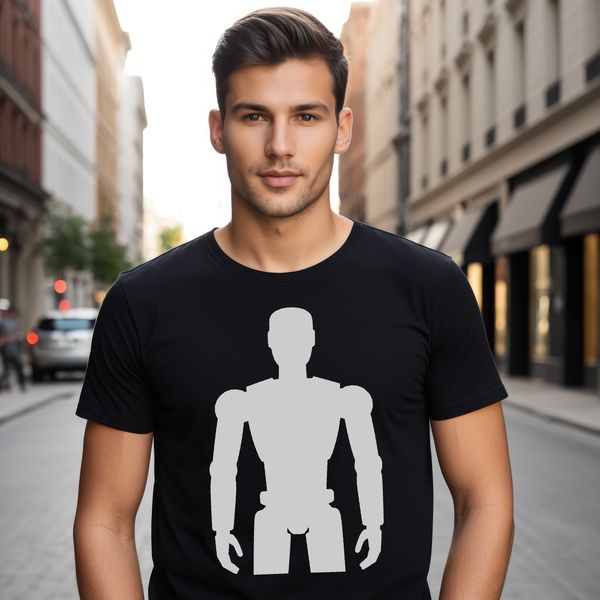 A metallic robot figure with a futuristic design in a vector format.