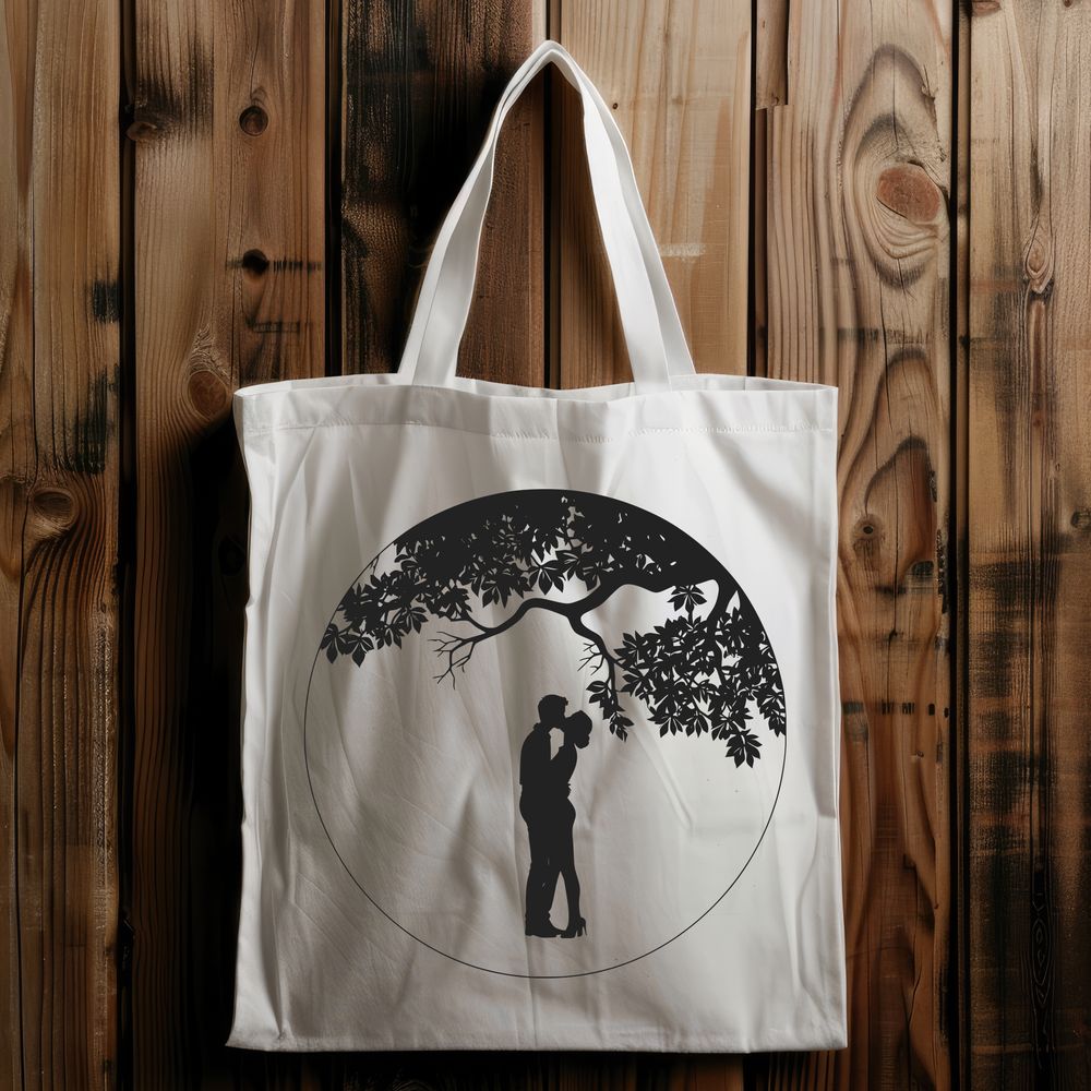 Eternal Love Tree Silhouette A pair of embracing lovers standing under the branches of a large tree, symbolizing eternal love.