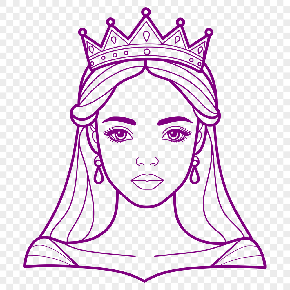 A digital illustration of a female royalty figure in a traditional gown.