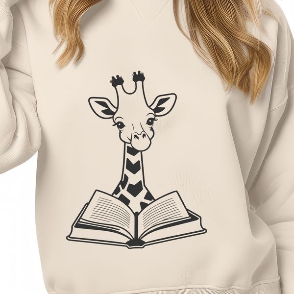 Spotted Reader in the Wild A tall, spotted mammal reading a book in a savannah landscape.