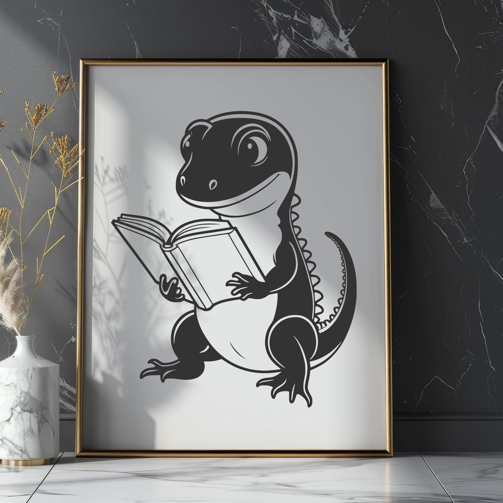 Salamander Reader Illustration A colorful illustration of a salamander sitting next to an open book, highlighting its love for reading.