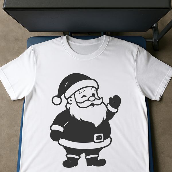 Vector illustration of a jolly old man in red suit with white fur trim, bearded and smiling.