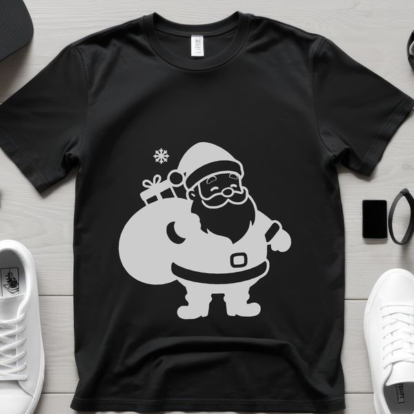 An illustration of a jovial Santa Claus character in a festive holiday setting.