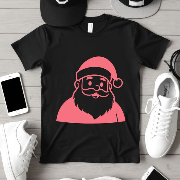 Jolly figure in red suit with white beard, holding sack, surrounded by Christmas elements.