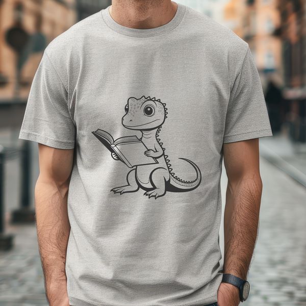 A small green reptile with scaly skin, sitting on its hind legs and holding a book in front of it.