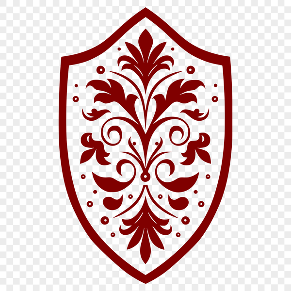 A graphic representation of a traditional shield with intricate details.
