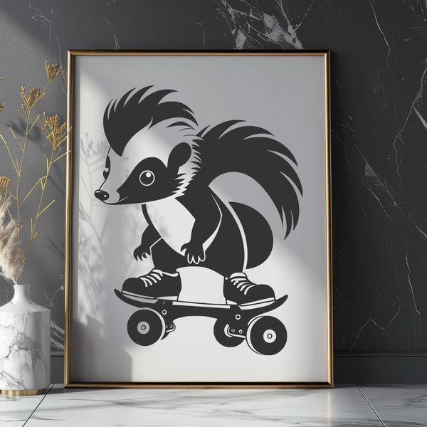 Adorable Skunk on Wheels A black and white skunk character with a skateboard, suitable for use in digital designs.