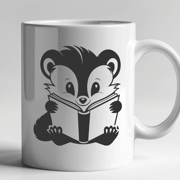 Wild Skunk Reading a Book Silhouette A cartoon skunk character sitting in a library environment, surrounded by books.