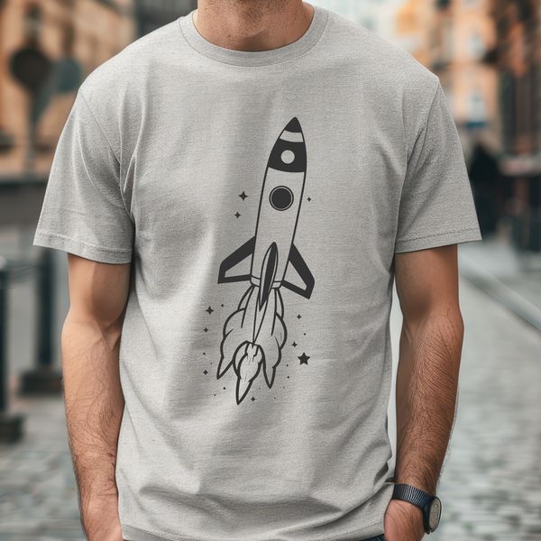 Stylized Rocket Ship in Cosmos A stylized illustration of a futuristic rocket ship soaring through the cosmos.