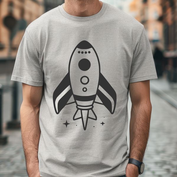 Cosmic Spacecraft Silhouette Illustrated spaceship in outer space with stars and planets.