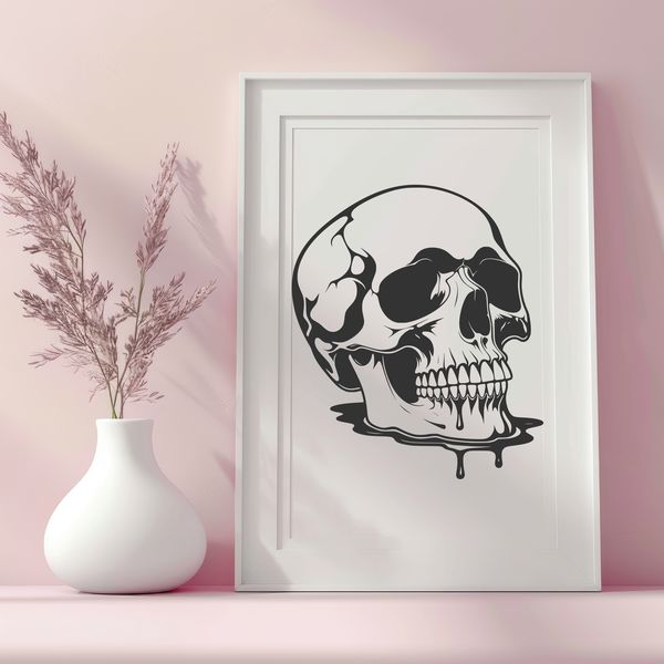 Gothic Drip Art Design A dripping skull illustration suitable for Halloween decorations and gothic designs.