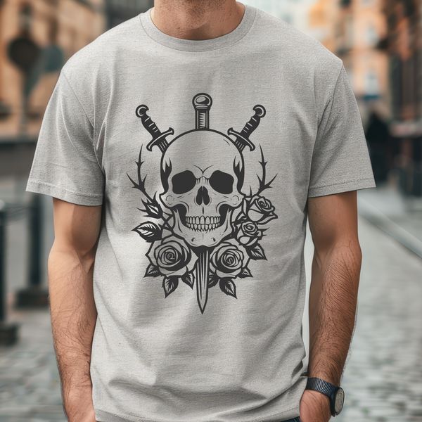 Gothic Skull Illustration with Floral Motifs A gothic-inspired skull illustration featuring intricate details and floral motifs.
