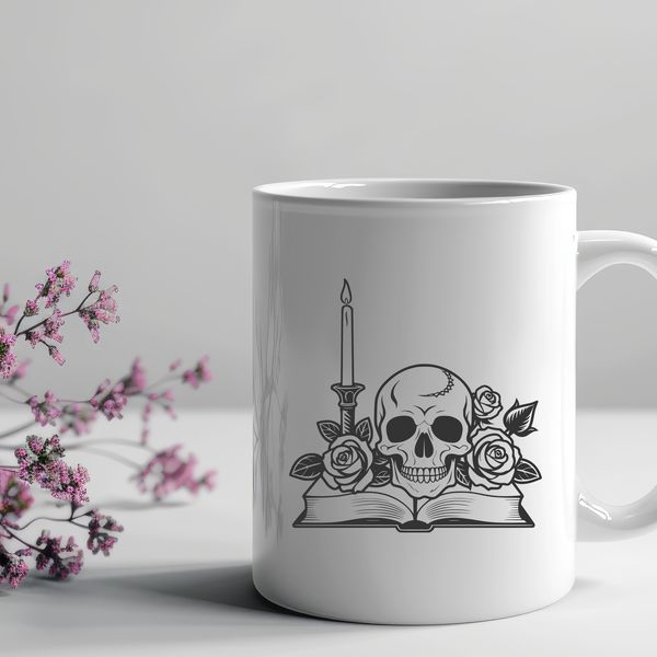 Mysterious Gothic Skull Design A detailed, hand-drawn illustration of a Gothic-style skull with intricate designs, surrounded by a mysterious atmosphere.