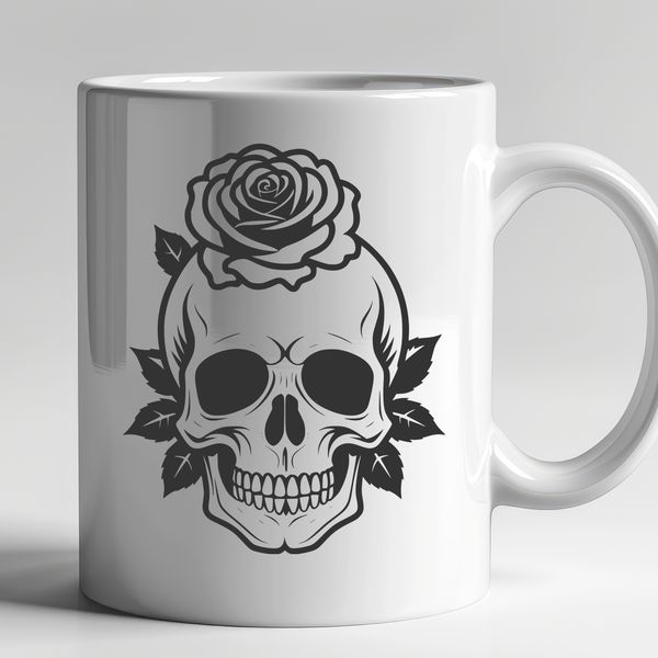 Rose Adorned Skull Illustration A stylized illustration of a skull adorned with a rose, suitable for Halloween decorations or designs.