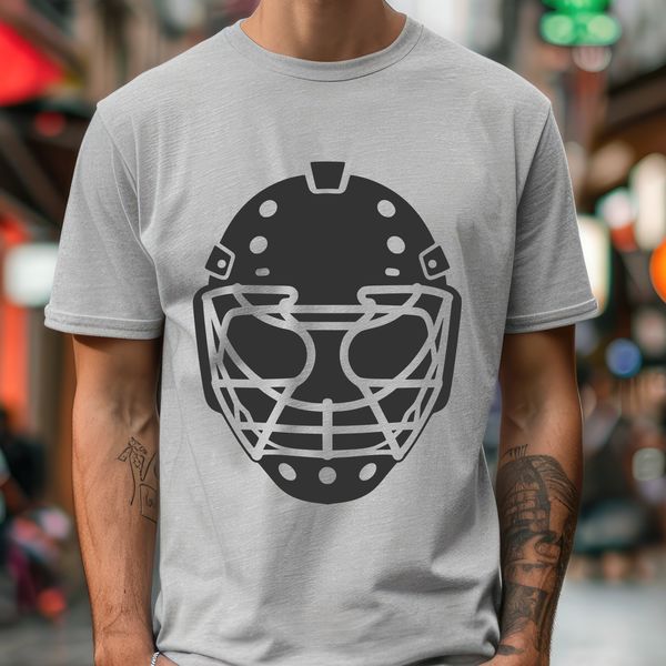 Hockey player wearing a protective mask on ice rink with hockey sticks in the background.