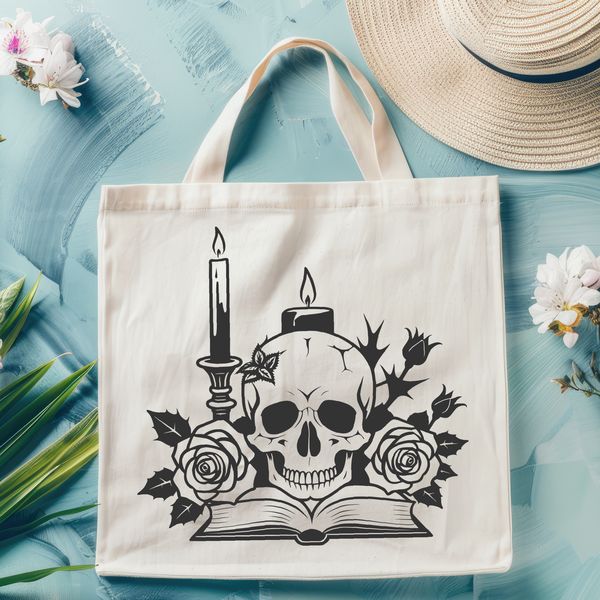 Gothic Skull Illustration with Book and Rose A detailed illustration of a skull with a book lying next to it, surrounded by a rose.