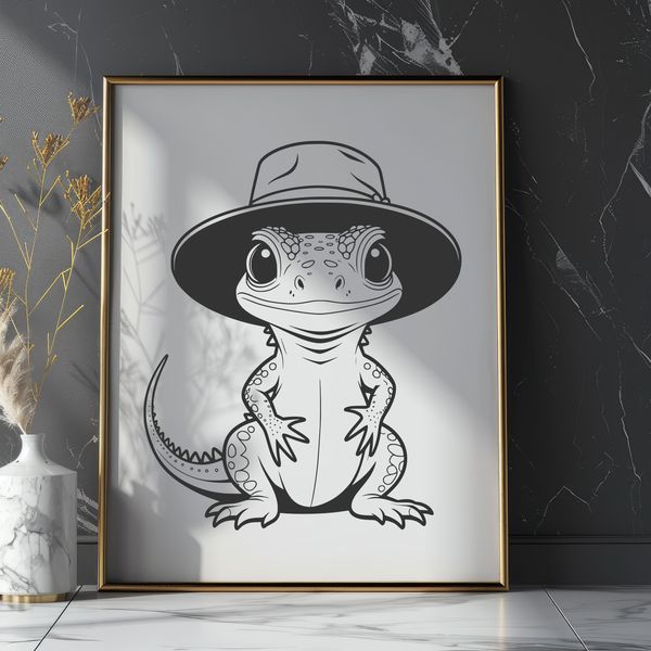 An illustration of a reptile animal wearing a hat.