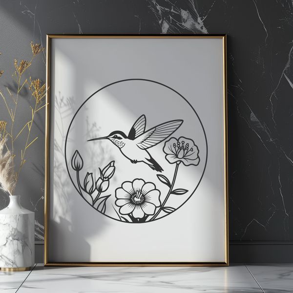 Vibrant Hummingbird in Bloom Illustration of a small bird with iridescent feathers, surrounded by flowers and foliage.