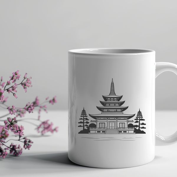 A traditional Buddhist temple design with ornate architecture and intricate details, suitable for vector editing software.