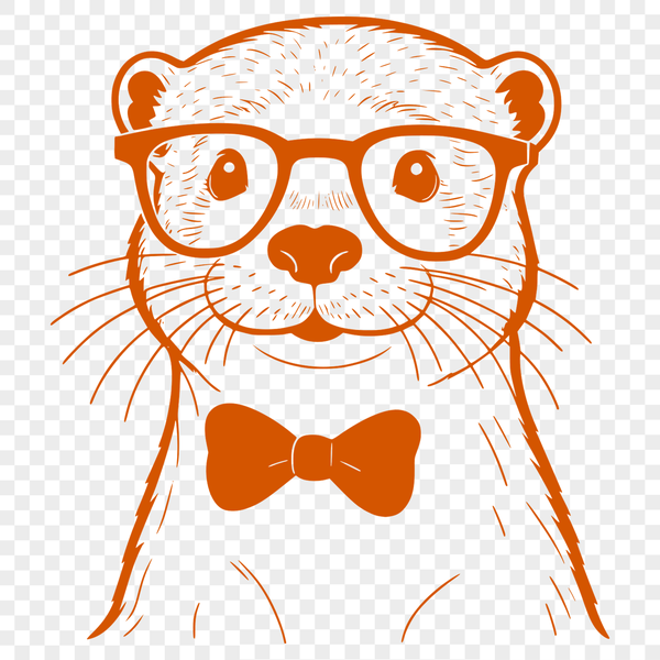 Close-up illustration of a smiling otter wearing glasses in a playful pose.