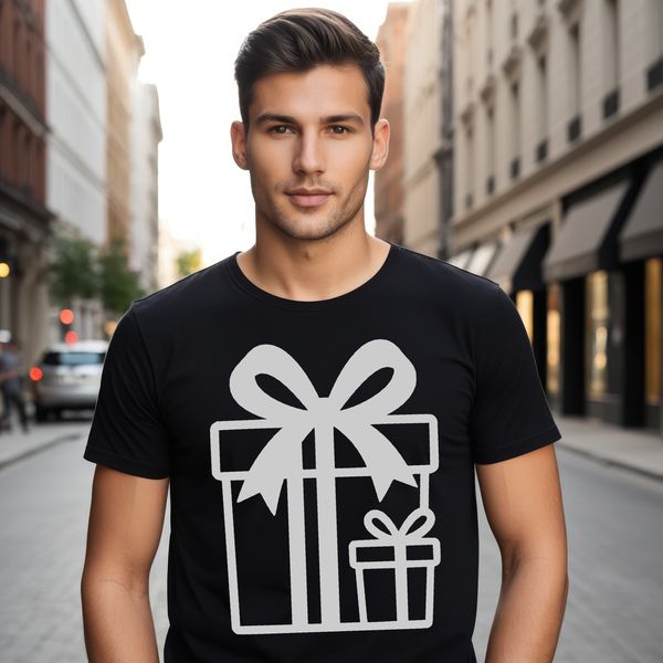 A stylized vector illustration of a wrapped gift box with ribbons and bows.