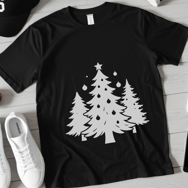 An outline graphic of a traditional Christmas tree with festive decorations.