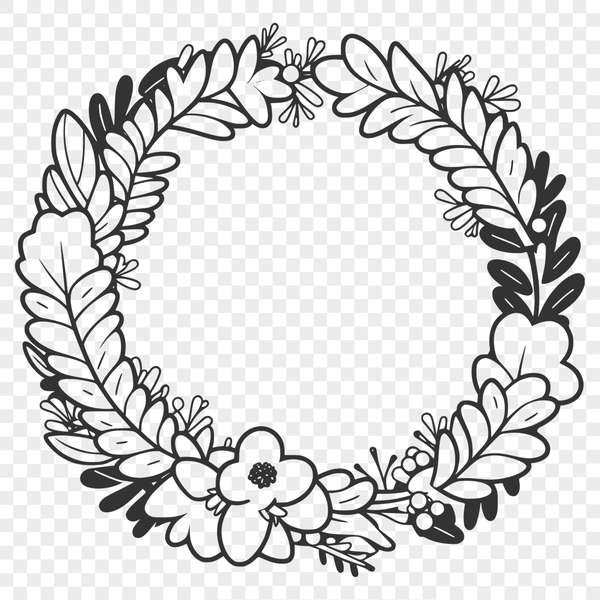 Floral Wreath Pattern for Laser Cutting An intricate SVG floral wreath pattern suitable for laser cutting and pyrography projects.