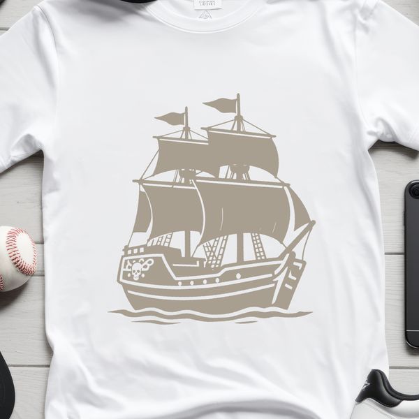 A hand-drawn illustration of a pirate standing on the deck of his ship.