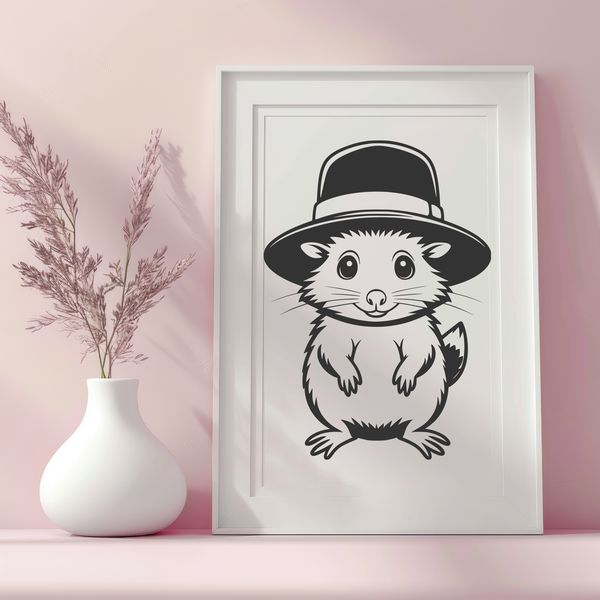 Cute Forest Creature Wearing a Chapeau A stylized illustration of a small possum wearing a hat, suitable for vector design and cutting machine projects.