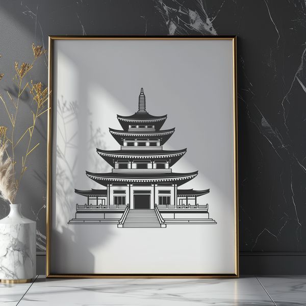 Buddhist temple architecture with intricate details and ornate designs, suitable for vector art and cutting machine stencils.