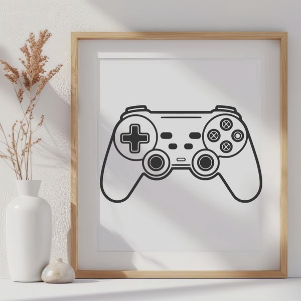 Game controller design with buttons and joystick for video game enthusiasts.
