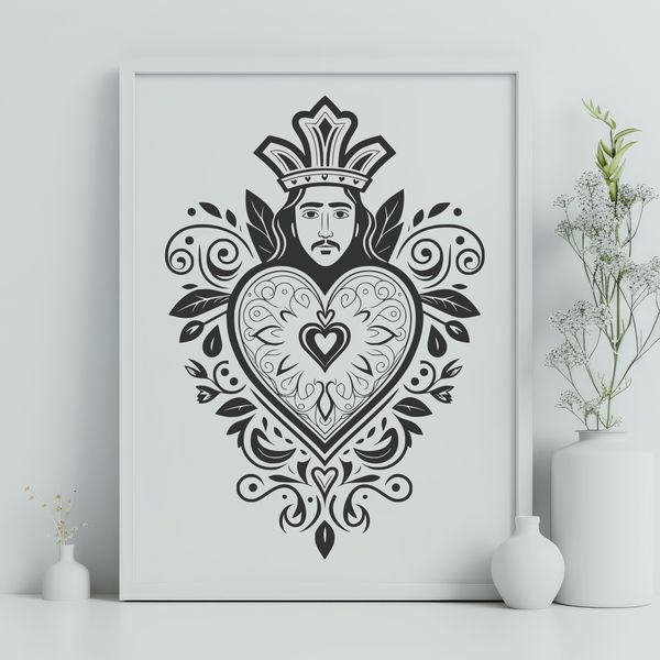 Religious Clip Art and Stencil Template An iconographic representation of the Sacred Heart, suitable for religious and decorative purposes.