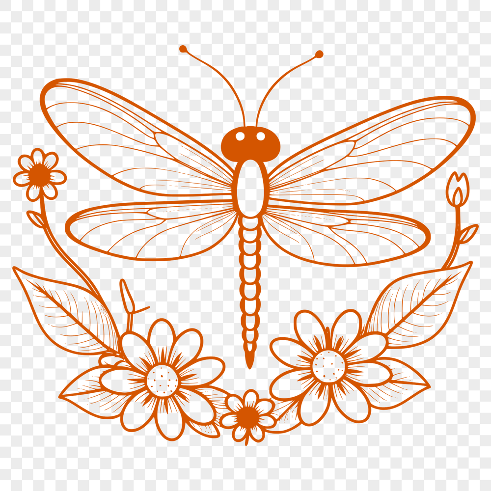 Vibrant Floral Wings Dragonfly Illustration of a dragonfly in mid-air with floral pattern wings.