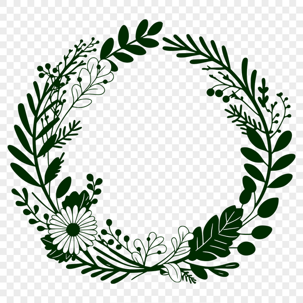 A circular floral wreath design composed of interconnected flowers and foliage elements.