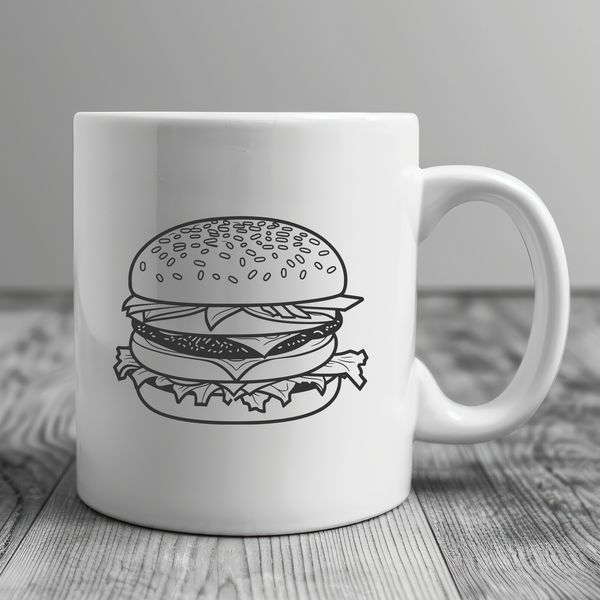 Delicious Cheeseburger Illustration A detailed illustration of a classic cheeseburger with a beef patty, lettuce, tomato, and melted cheese on a toasted bun.