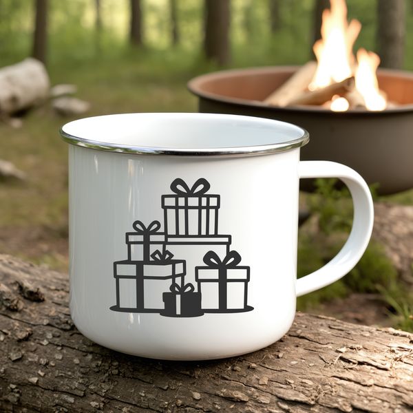 A minimalist illustration of a gift wrapped in festive paper with a ribbon and bow.