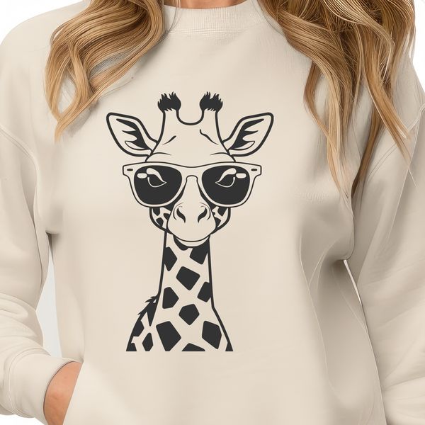 A cartoon giraffe wearing trendy sunglasses in a casual setting.