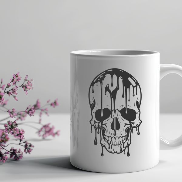 Dripping Gothic Skull Design A graphic illustration of a dripping skull, ideal for Halloween decorations or gothic-themed designs.