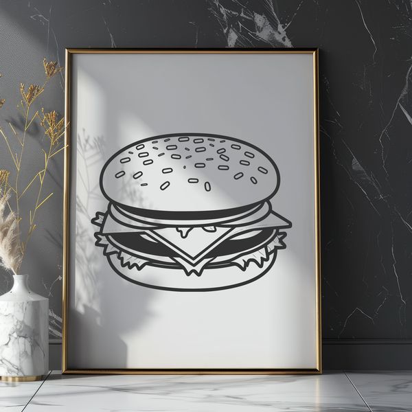 Delicious Hamburger Design Vector A simple illustration of a classic cheeseburger with a beef patty, lettuce, tomato, cheese, and condiments on a bun.