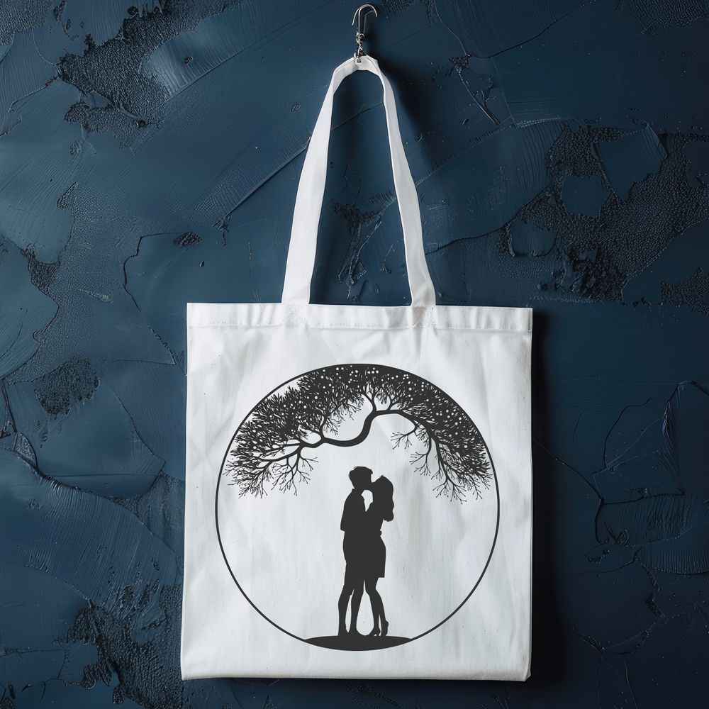 Entwined Love A stylized illustration of a tree with intertwined branches and two people embracing in its trunk.