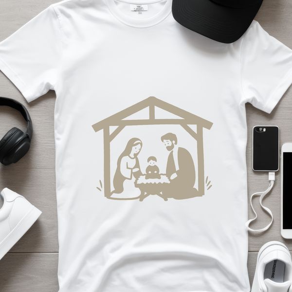 A traditional Christmas scene featuring the Holy Family in a rustic setting.