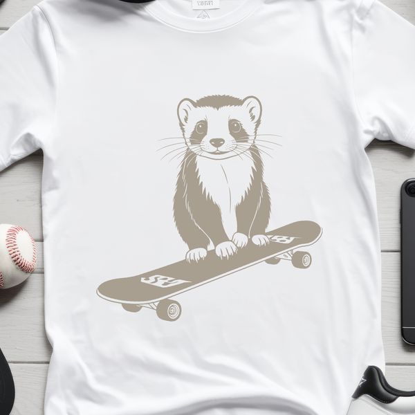 Furry Skateboarder Ferret A small, furry ferret sitting on a skateboard, posing playfully.