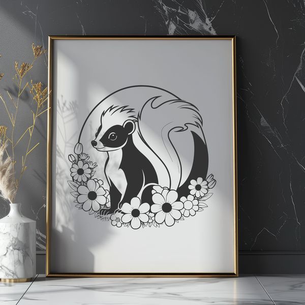 Wild Skunk Illustration with Floral Accents A simple illustration of a skunk amidst floral elements.