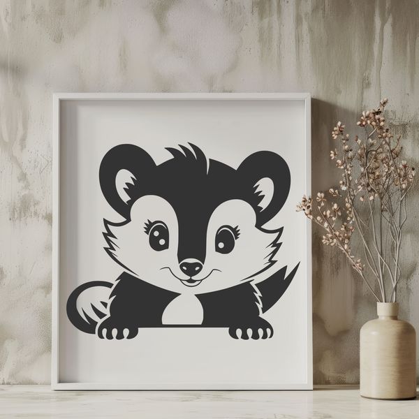 Beautiful Animal Sketch Vector A detailed illustration of a skunk peeking out from behind a tree trunk.