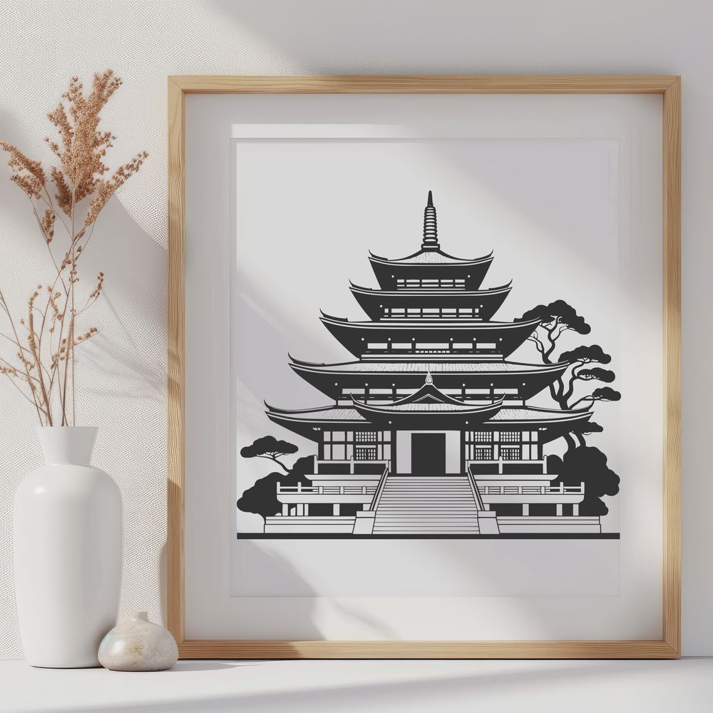 Beautiful Asian-Inspired Temple SVG Image A detailed illustration of a traditional Buddhist temple structure with intricately designed architecture.