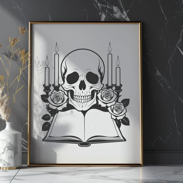 Illuminated Skull Clip Art A gothic-style skull with intricate details, illuminated by a candle flame in the background.