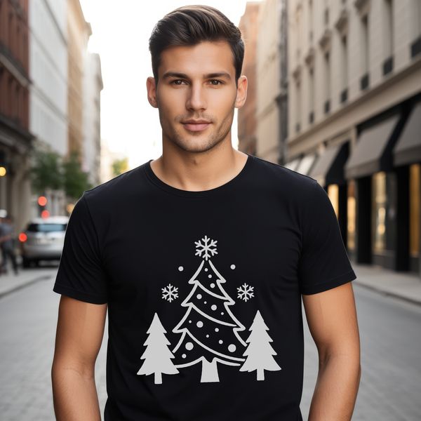 A stylized illustration of a traditional Christmas tree, decorated with ornaments and lights.