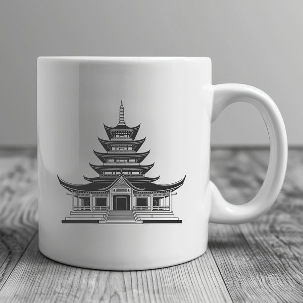 Illustrated Buddhist temple with ornate architecture and decorations in vector format.