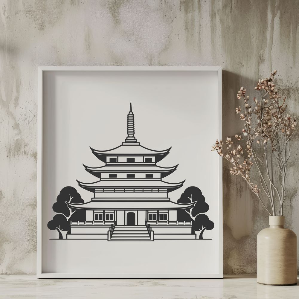 Beautiful SVG Design for Cutting Machines A traditional Buddhist temple structure with intricate architecture, suitable for vector design and cutting machine use.